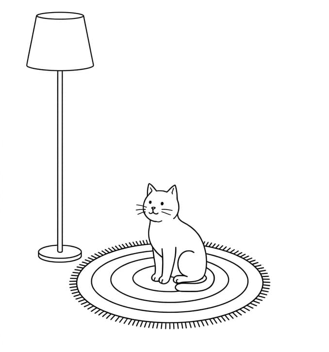 Cat sitting on a rug next to a lamp
